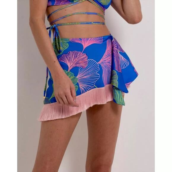 NWT PatBo Ocean Leaf Fringe Trim Pull-On Bathing Suit Sarong Blue Size: XS - Picture 1 of 7
